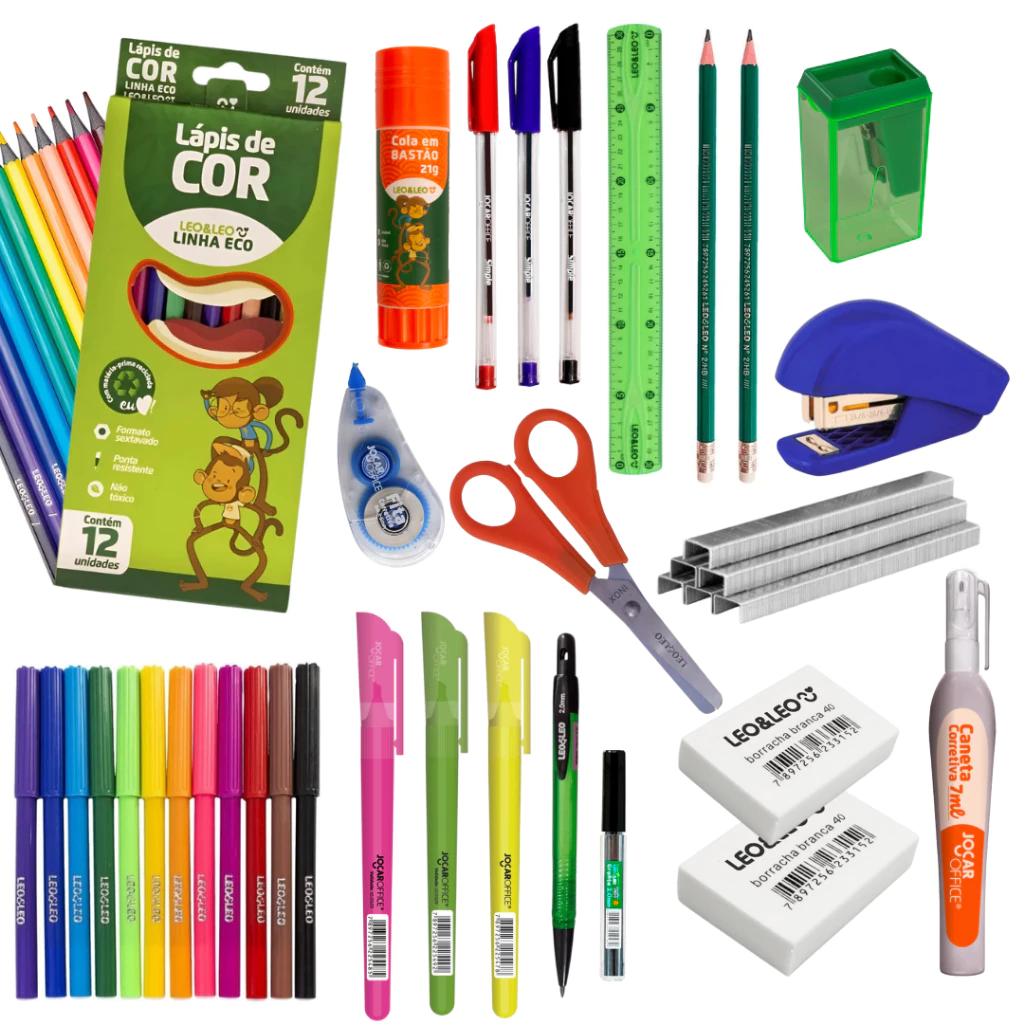 Kit Volta ás Aulas Material Escolar Completo Lapis de Cor Hidrocor Caneta Apontador Borracha Juvenil em Oferta na Shopee