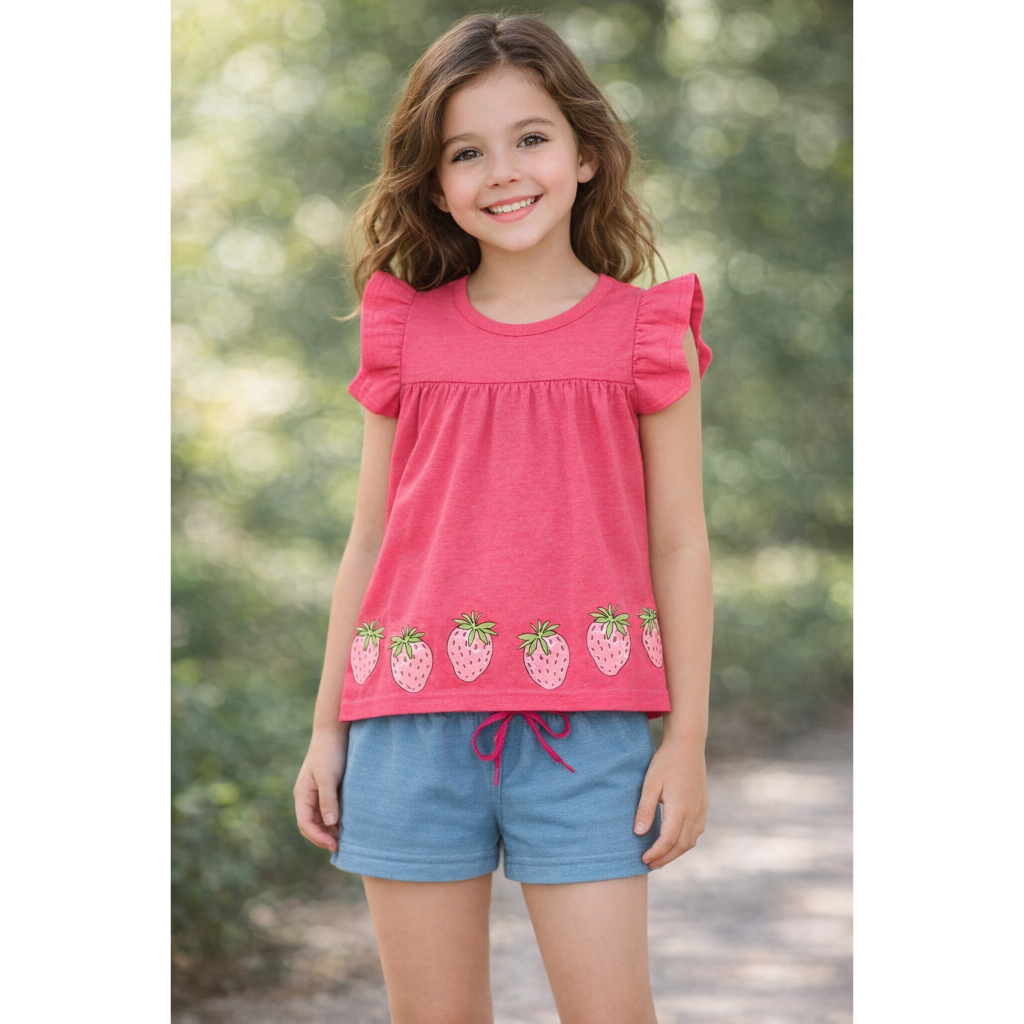 Conjunto Infantil Blusa Meia Malha com Estampa de Morangos e Shorts Moletinho