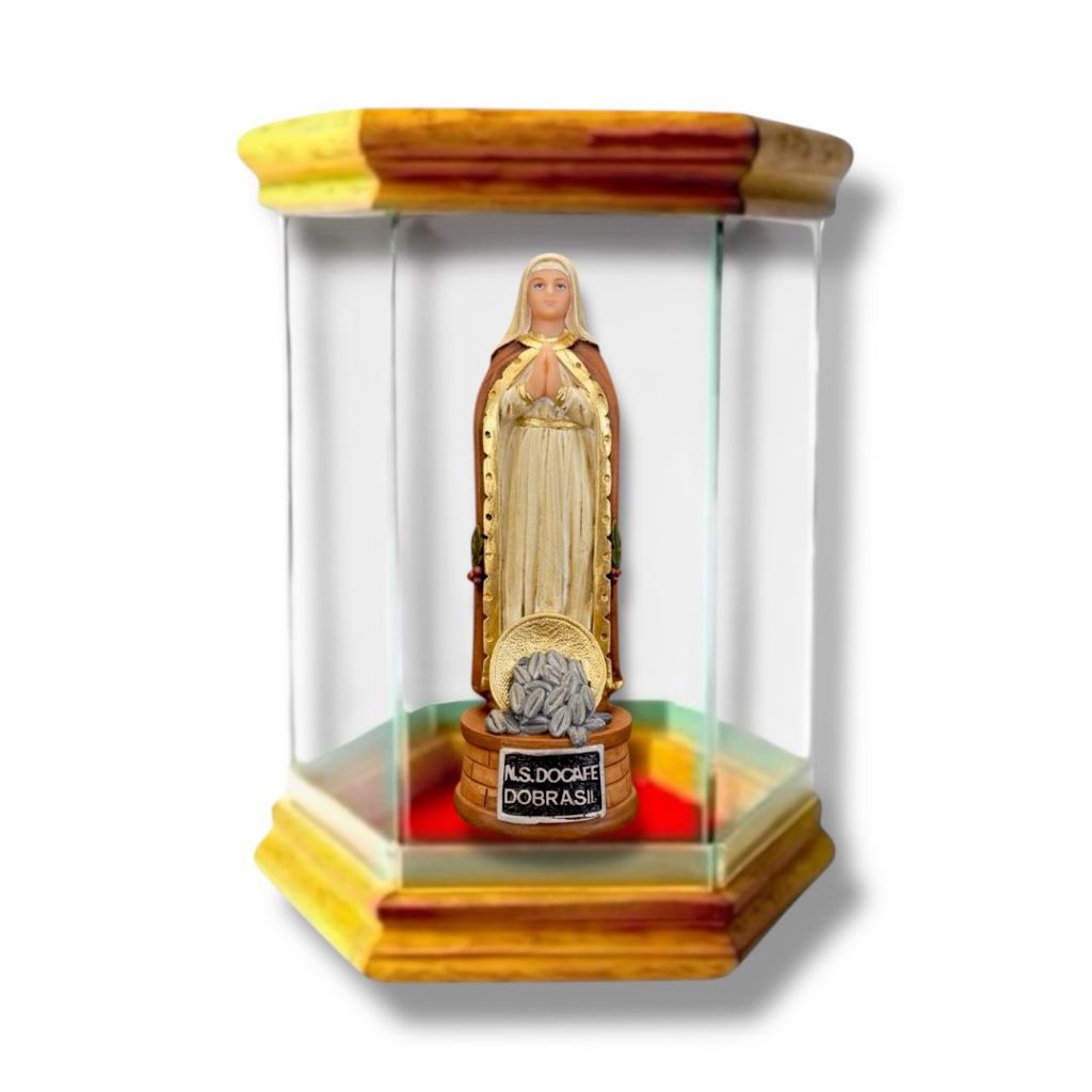 Imagem Nossa Senhora do Café 15Cm Resina com Redoma Oratório de Vidro
