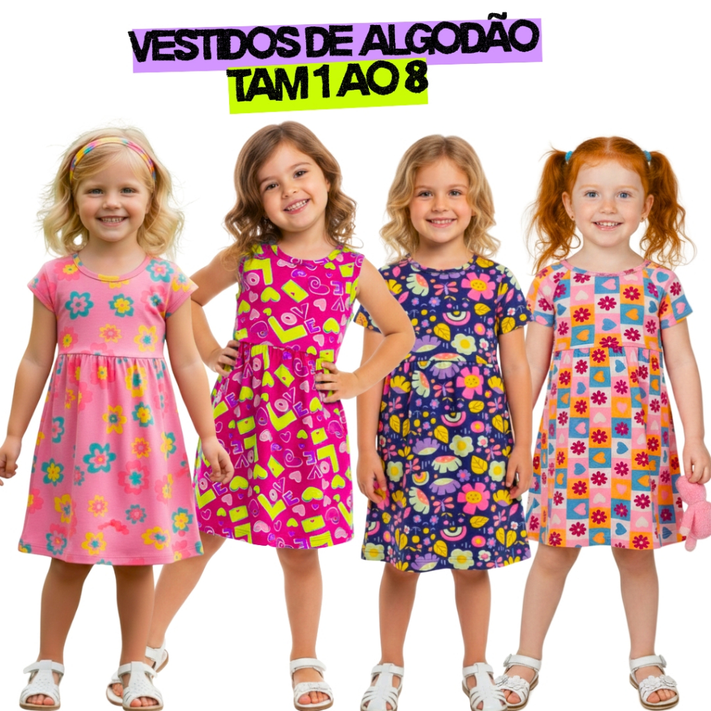 Kit 4 Vestido Infantil Menina| Kit de Roupa Infantil Feminino| Vestido Feminino Infantil 1 ao 8