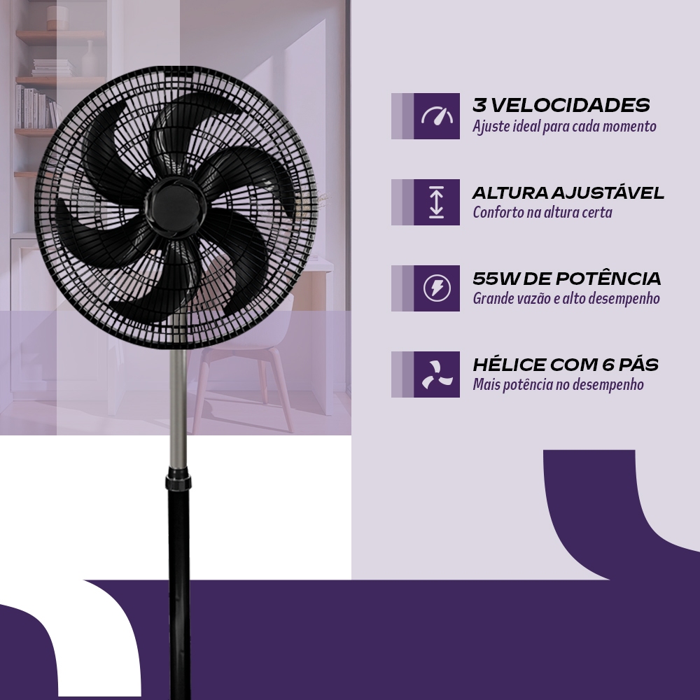 Ventilador 30Cm De Coluna Turbo 55W Preto 127V