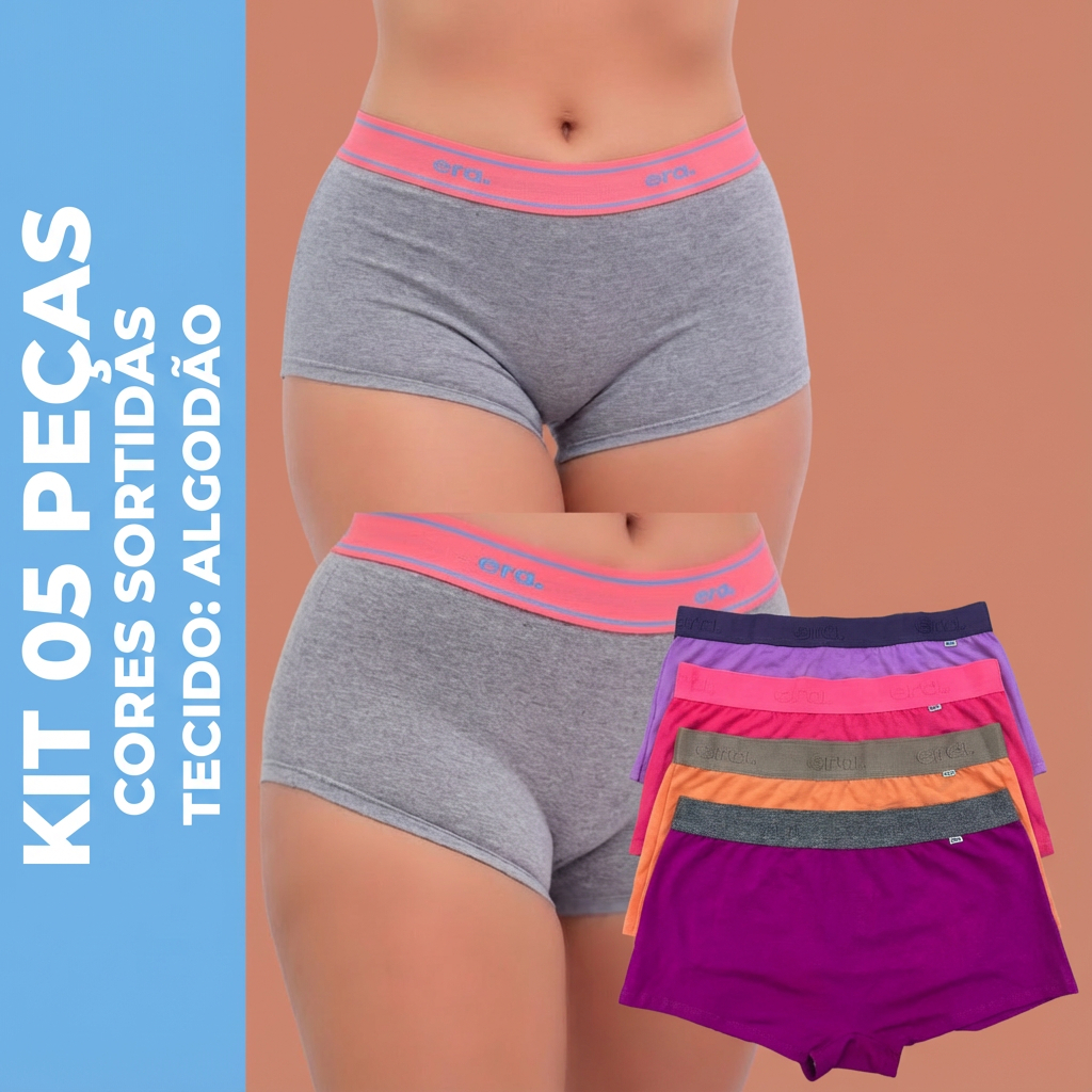 KIT C/5 CALCINHA BOX FEMININA EM ALGODÃO