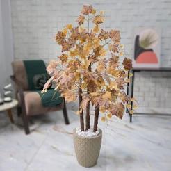 Arranjo Artificial Plátano Lilás Nude Croton Vaso Cone Mármore Pedra