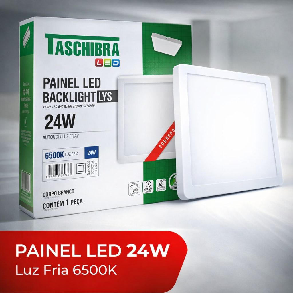 PAINEL LED BIVOLT 110/220V SOBREPOR QUADRADO BRANCO FRIO PVC TASCHIBRA 6500K 24W FÁCIL INSTALAR
