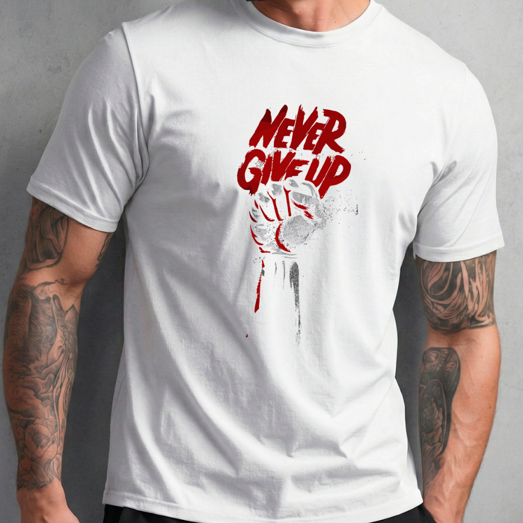 Camiseta Masculina Algodão Basica Branca Manga Curta Gola Redonda Estampa Foco Never Give Up Estilo Urbano Conforto Leve