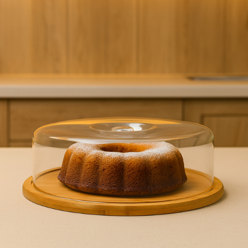 Boleira Bambu com Cúpula Acrílica Porta Bolo Torta Pudim Queijo Decoração Decor Mesa Posta