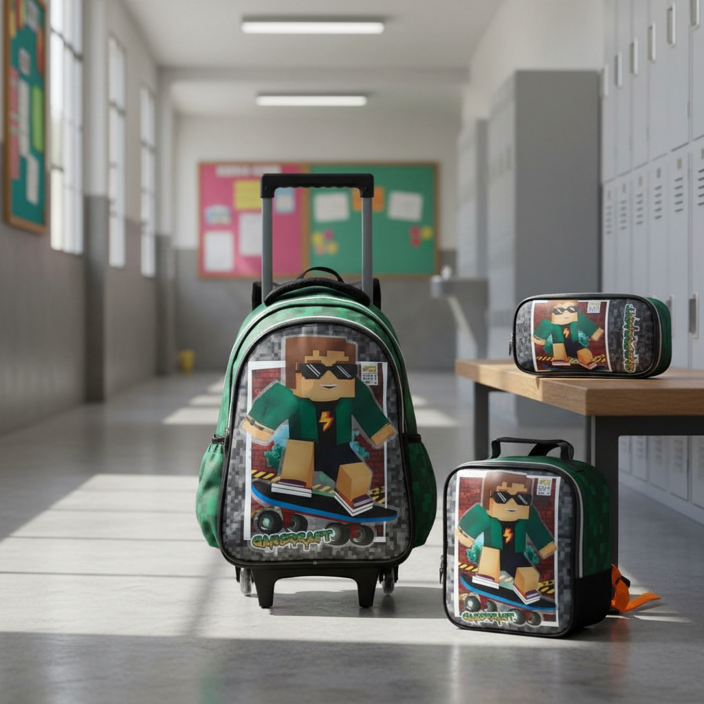 Kit Mochila Escolar Com carrinho de Rodinha Estojo Lancheira Menino Menina Bolsa Aranha Patrulha Capitão América YouTube