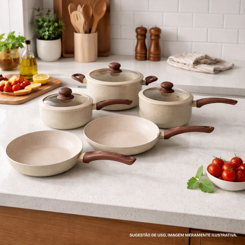 Conjunto Jogo De Panelas Para Fogão de Indução e Gás 5 Peças Creme Revestimento Antiaderente Nanocerâmico
