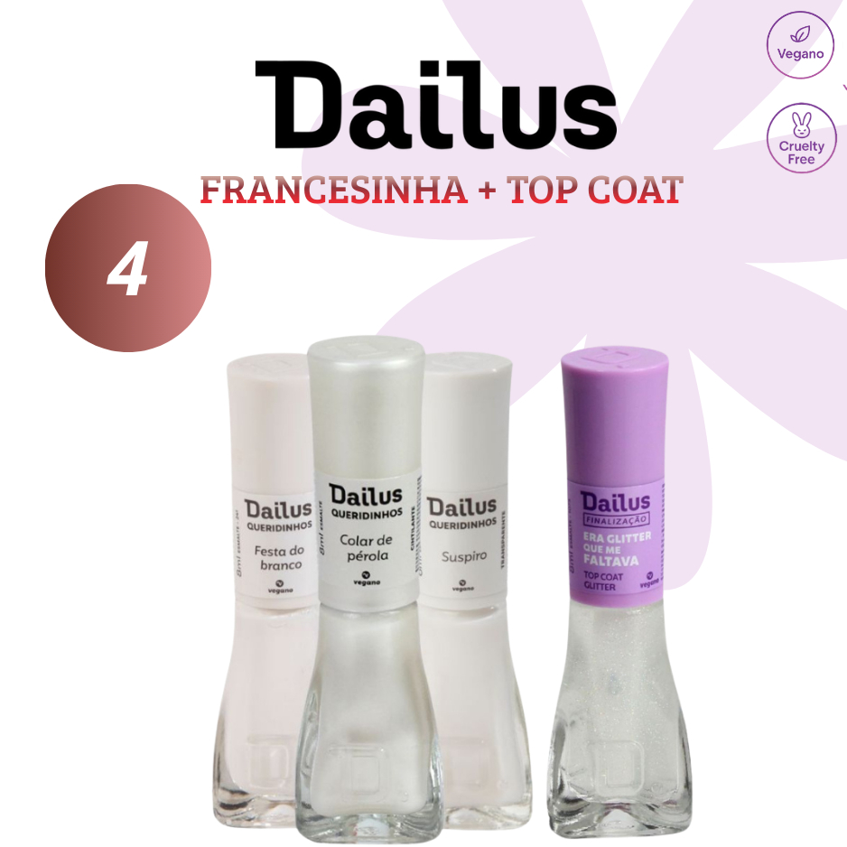 DAILUS KIT UNHAS FRANCESINHA BRILHO - 3 ESMALTES + TOP COAT GLITTER