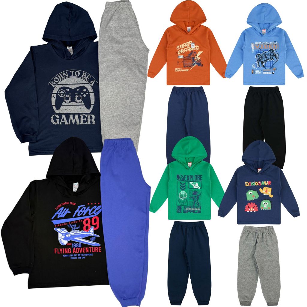 Kit 6 Peças de Moletom Infantil Menino Juvenil 3 Conjuntos Masculino Com Capuz/Gola Tamanho 1 Ao 14 3 Casacos + 3 Calças