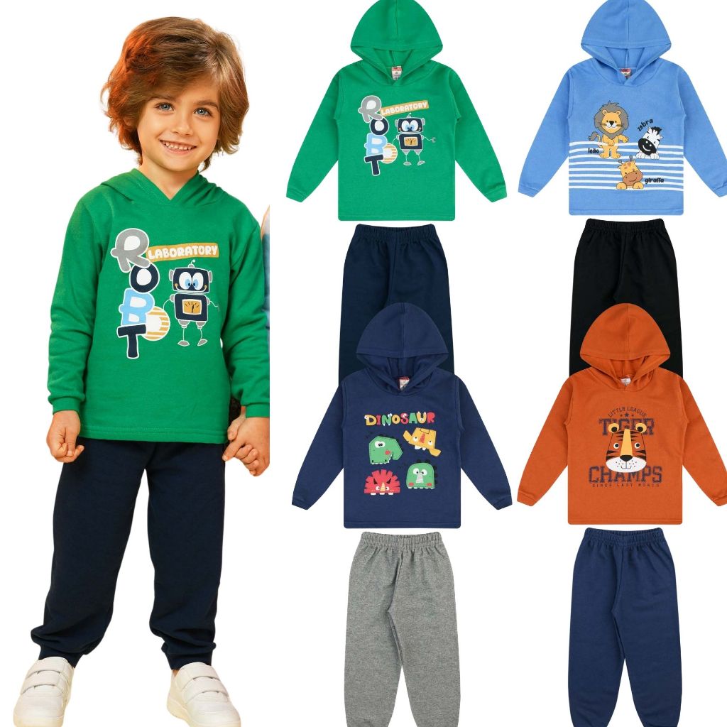 Kit 6 Peças Moletom Infantil E Juvenil Menino 3 Conjunto Com Capuz/Gola 1 ao 14 Masculino Inverno Manga Longa