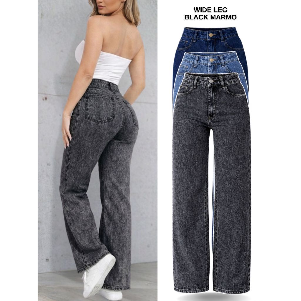 Calça Jeans Feminina Wide Leg Cintura Alta Pantalona Empina Bumbum em Oferta na Shopee