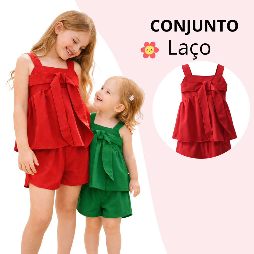 Conjunto Infantil Feminino Verão Blusa de Alça com Laço e Short Confortável Conjuntinho Moda Kids