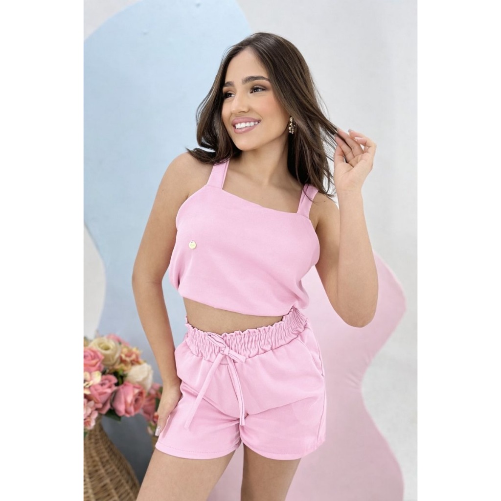 Conjunto Juvenil Infantil Menina com Blusa Com Amarração Nas Costas e Short Liso Tamanho 10, 12, 14, anos