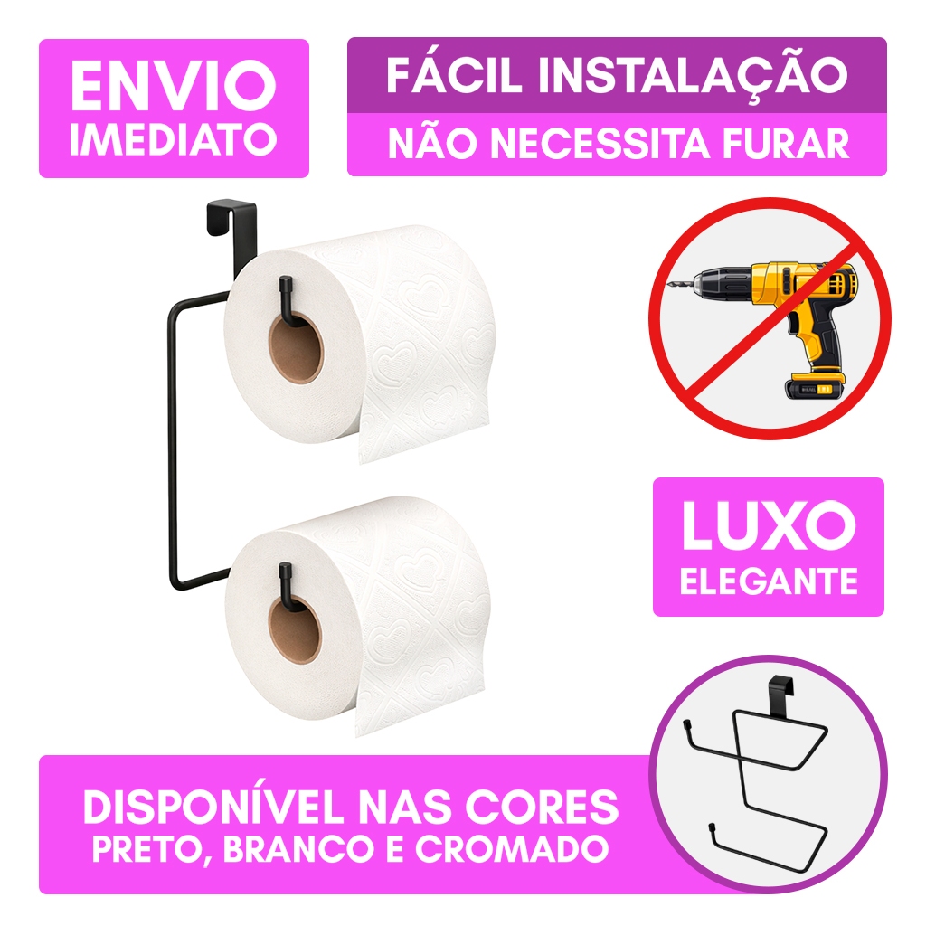 Suporte Duplo Porta Papel Higiênico Sem Furo Encaixe Caixa Acoplada Preto Branco Cormado Papeleira
