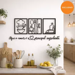 Kit 3 Quadros Cozinha Decorativo Café Xicara + Frase Temperos da vida de Parede Variados Chef Mdf