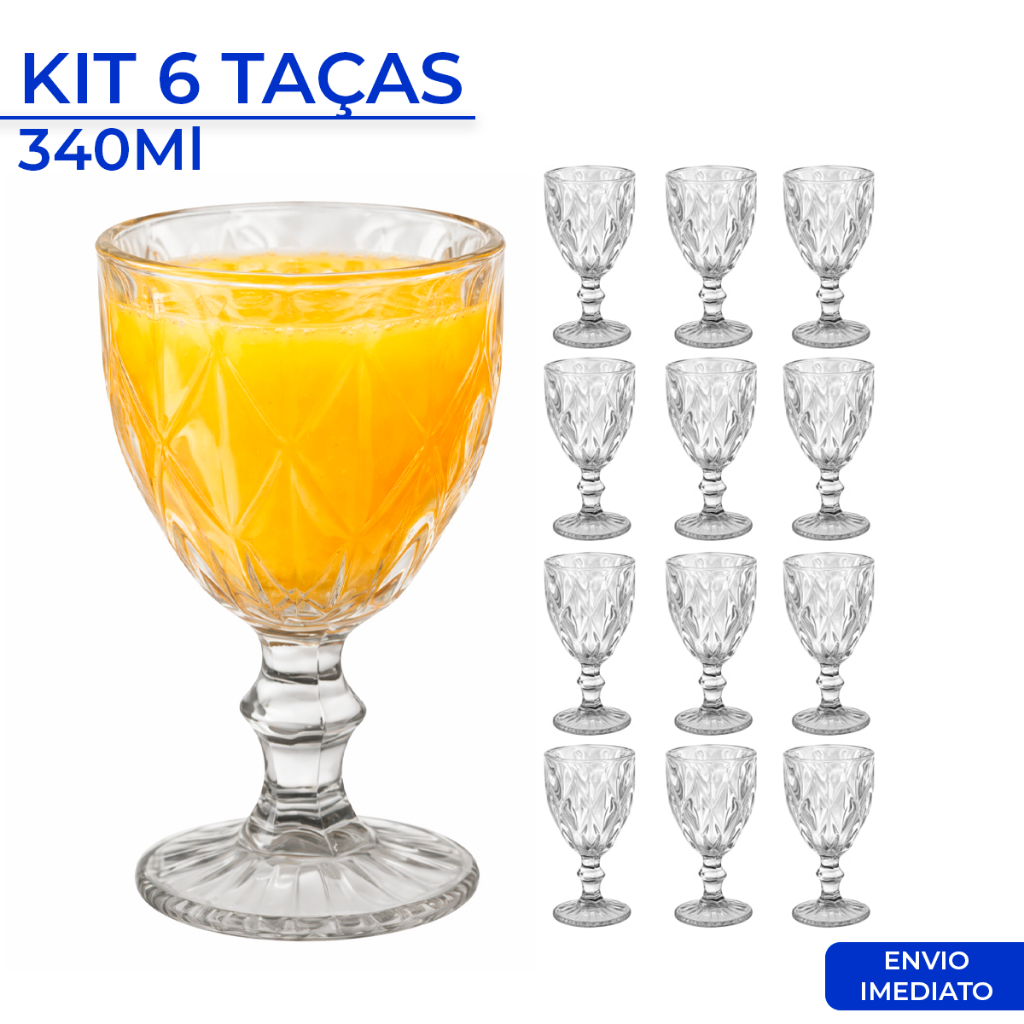 Jogo 6 Taças Vidro Diamond Bico Jaca Abacaxi Conjunto Taça Para Água Vinho Tinto Suco Diamante