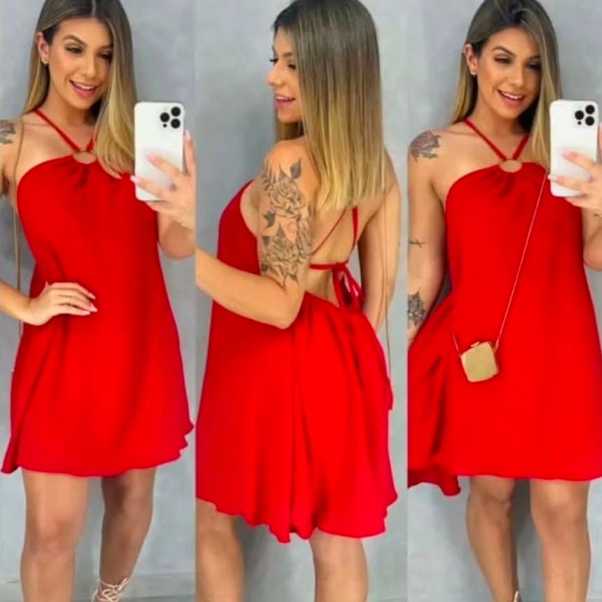 Vestido Feminino Curto Verão Frente Única Alcinha Amarração nas Costas Soltinho Confortável Moda Feminina Últimas Unidad