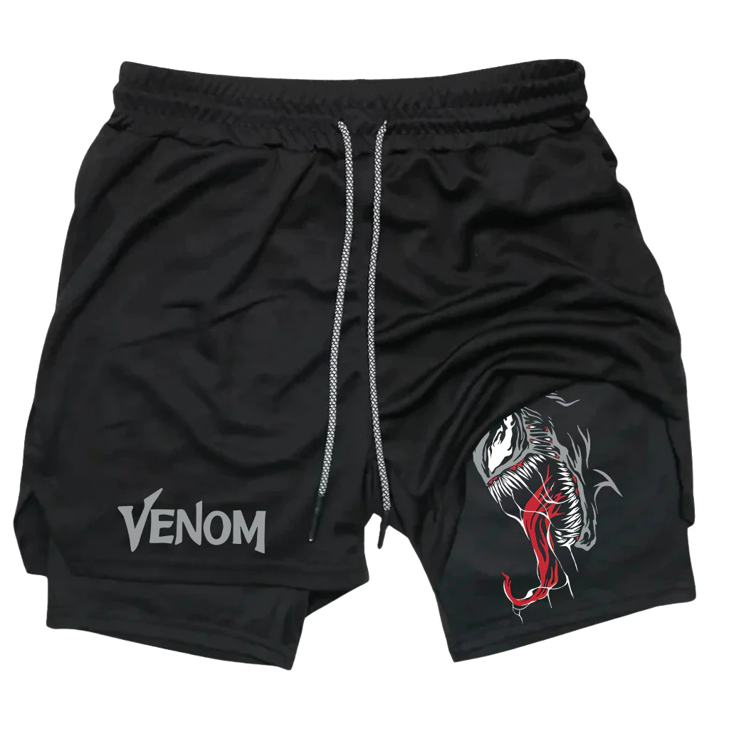 Short Compressão 2 em 1 Dry Fit Dupla com Forro Compressão Bolso Interno para Celular Venom Proteção UV Otaku