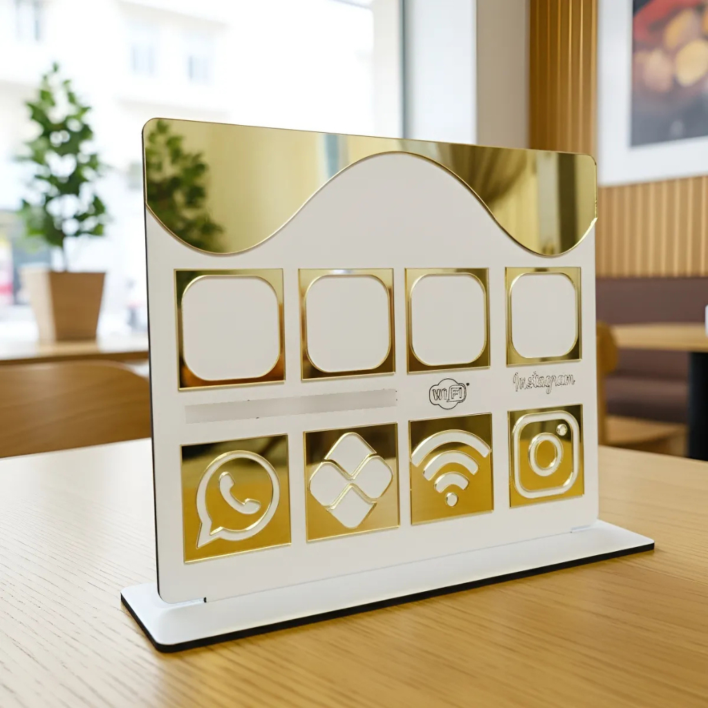 Placa Display de Mesa e Balcão para 4QR Code  WHATS PIX WIFI E INSTAGRAM no MDF e Acrilico