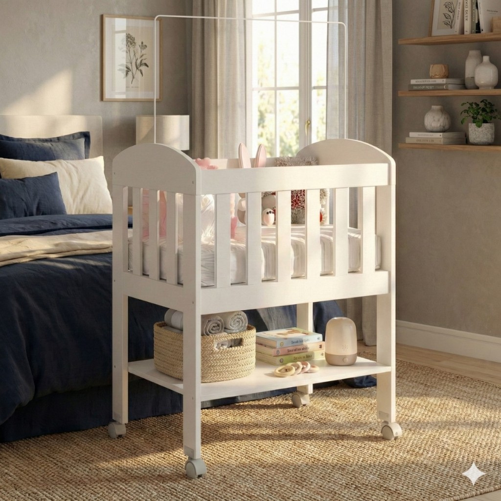 Mini Berço Bia 100% MDF com Colchão, Rodízios, Prateleira e Suporte para Mosquiteiro Carolina Baby em Oferta na Shopee