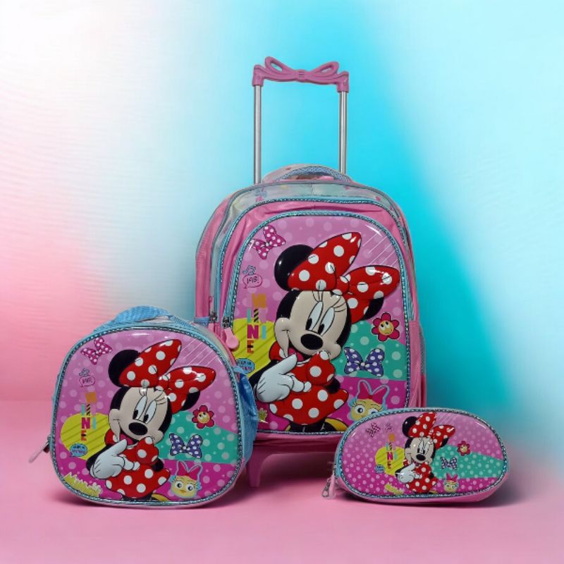 Kit Mochila Escolar Minnie 3D com Rodinha Estojo Lancheira Infantil em Oferta na Shopee