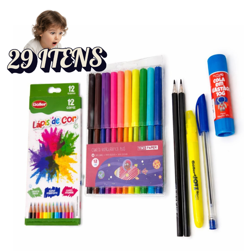 kIT Escolar BARATO MARCA TEXTO LAPIS PRETO CANETINHA COLA CANETA AZUL ESFEROGRÁFICA HIDROGRÁFICA