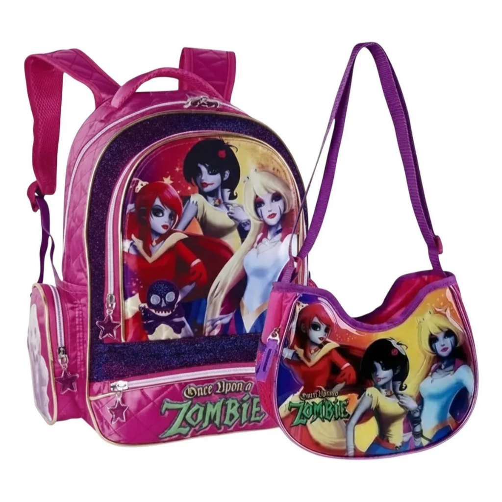 Kit Escolar Infantil Princesas Rapunzel Branca De Neve Ariel Zumbi Luxcel Mochila Costas + Lancheira