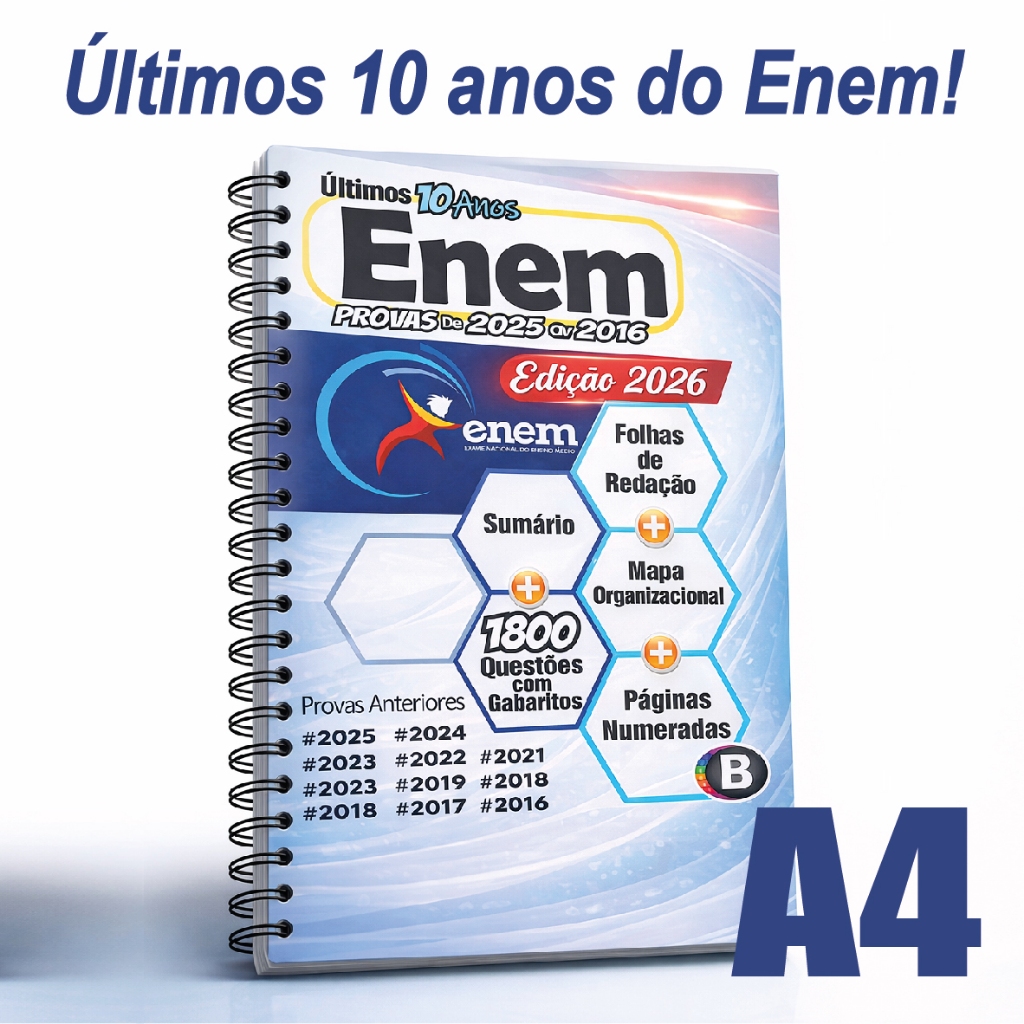 Apostila A4 ou A5 ENEM 2025 10 ANOS - 2016 a 2025 Provas + Gabaritos + Folhas de Redação - Prouni