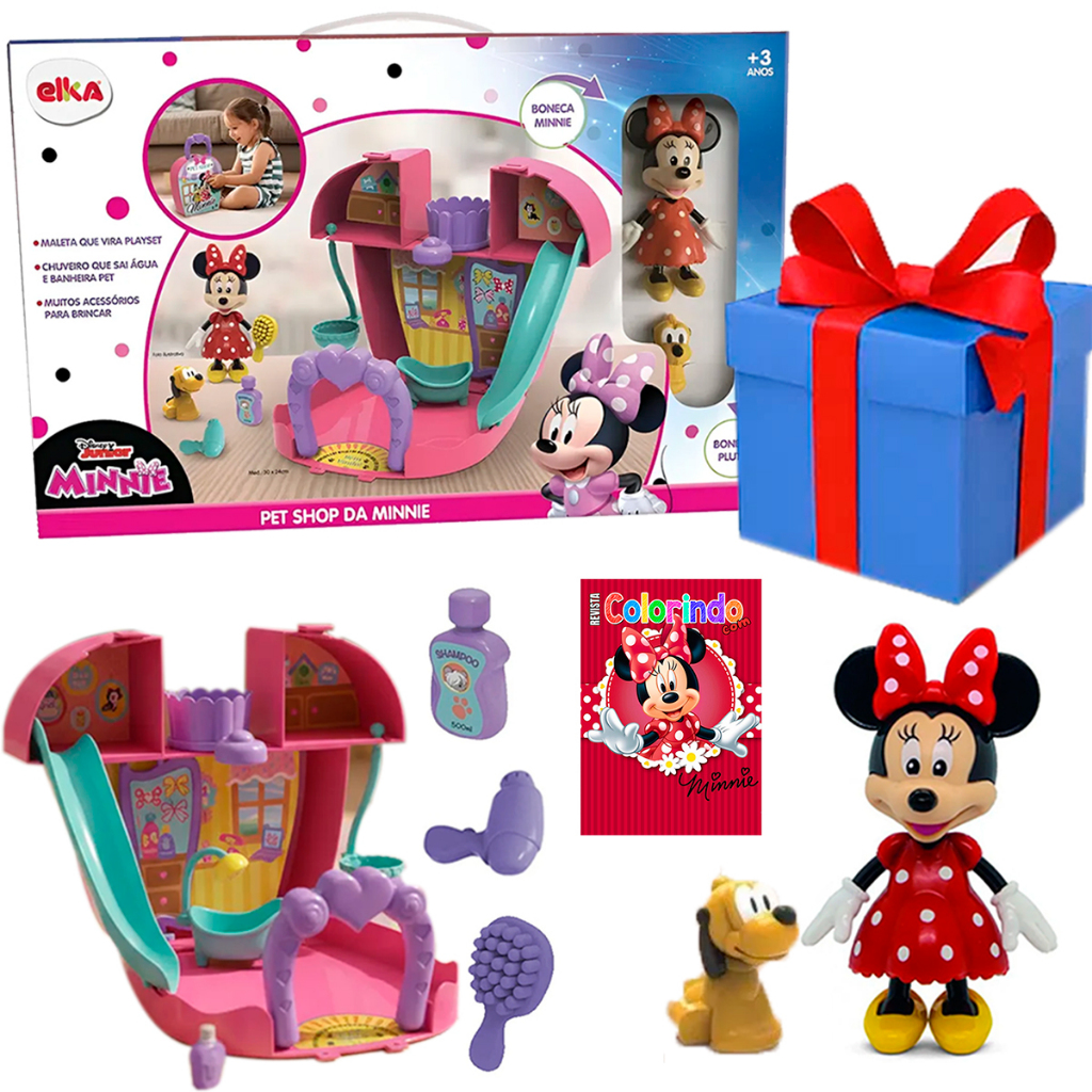 Brinquedos para Menina Kit Maleta Pet Shop Da Minnie Faz De Conta com Cachorro Pluto Infantil Elka