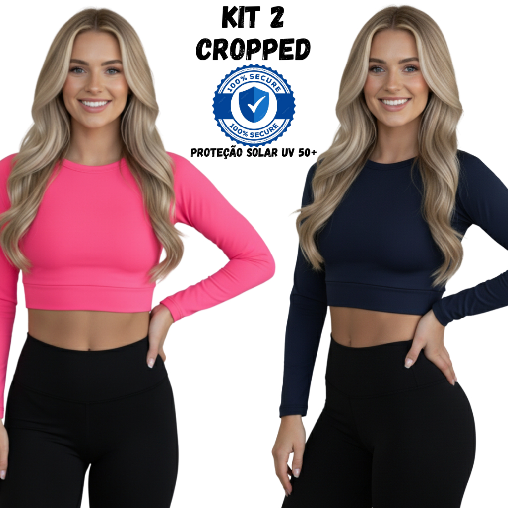 Kit 2 Cropped Feminino Básico Térmico Manga Longa Com Proteção Solar UV 50+ | Corrida Praia Academia em Oferta na Shopee