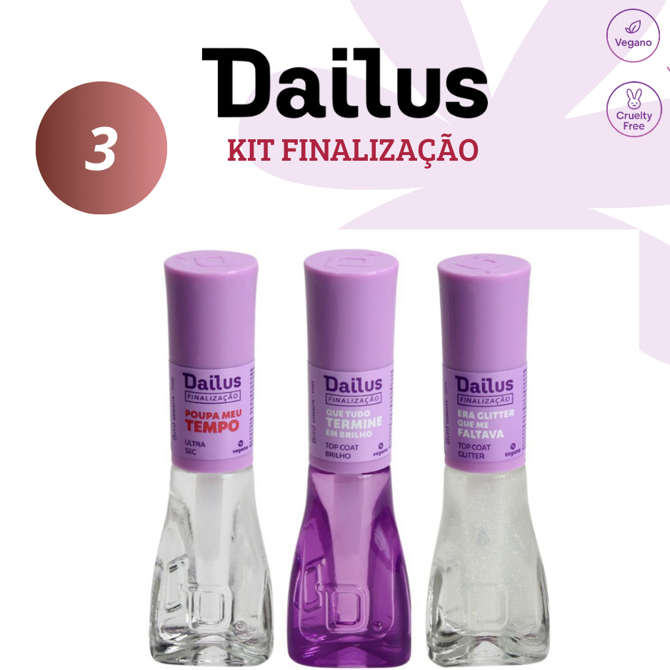 KIT FINALIZAÇÃO DAILUS - 1 SECANTE E 2 TOP COATS COM E SEM GLITTER - MANICURE - UNHAS BRILHANTES