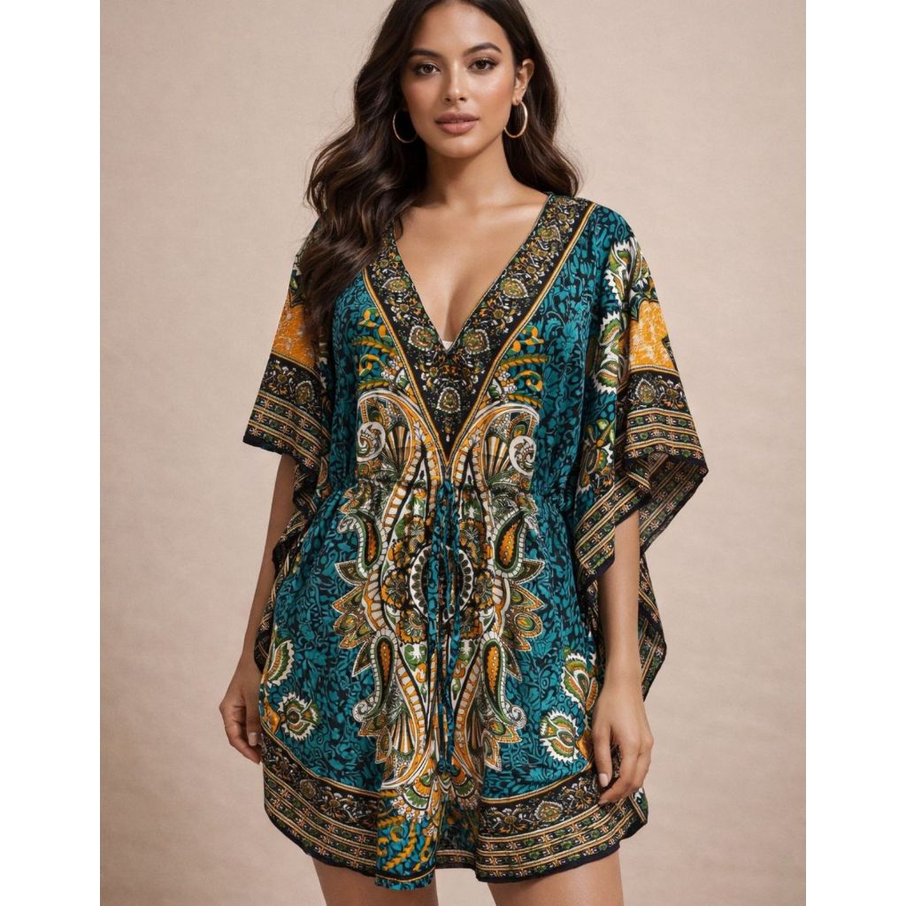 Kaftan Feminino Curto Estampado | Saída de Praia | Vestido Verão Bata Indiana em Oferta na Shopee