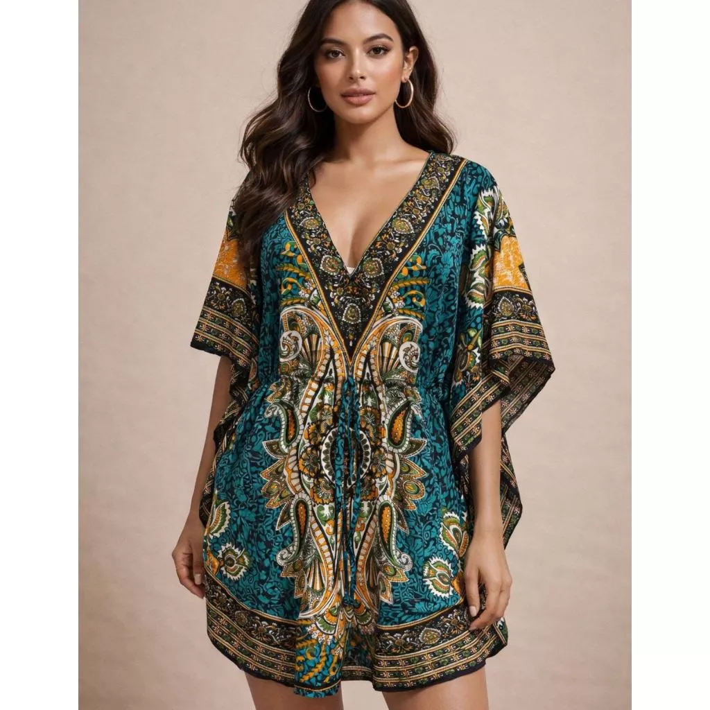 Kaftan Feminino Curto Estampado | Saída de Praia | Vestido Verão Bata Indiana — imagem 1