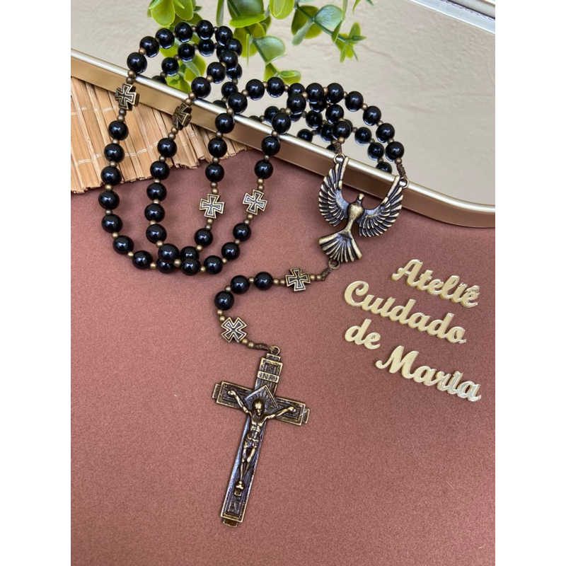 Terço Católico - Terço Espírito Santo - Preto e Ouro Velho - Rosário - Religioso Terço de Oração - Terço Tradicional