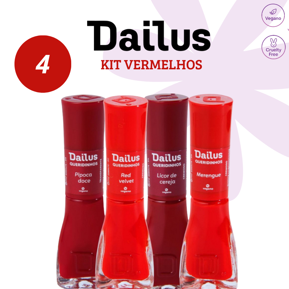 DAILUS UNHAS - KIT 4 ESMALTES QUERIDINHOS TONS DE VERMELHO VINHO