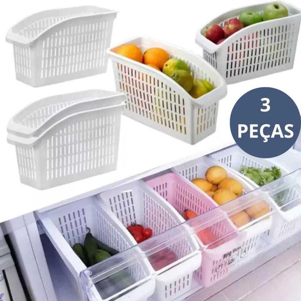 Kit 3 Pote Cesto Organizador De Geladeira Frutas Verduras Multiuso