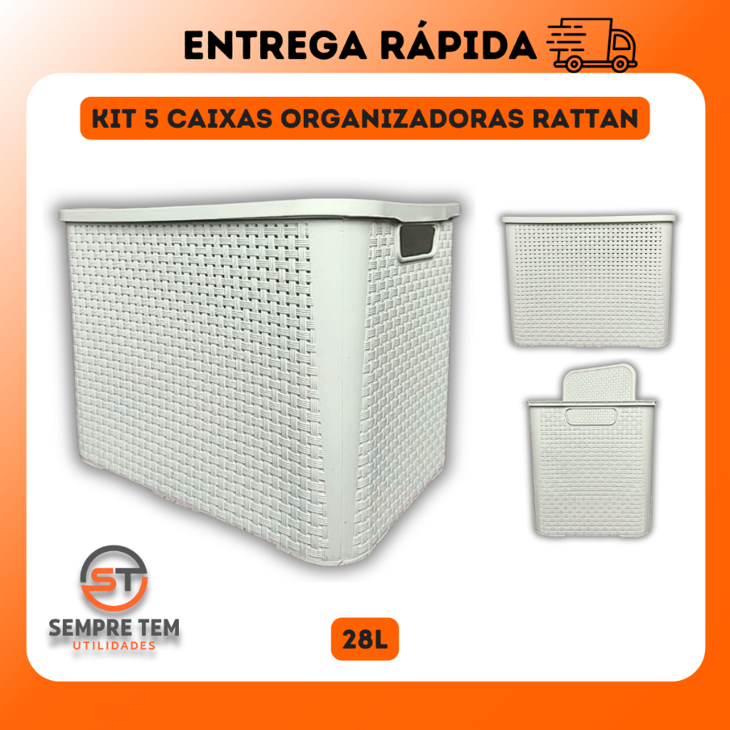 Kit 5 X Caixas Organizadora Rattan 28 Litros Multiuso Empilhavel Com Tampa Plastico Reforçado Casa