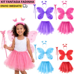 Kit Fadinha Borboleta Fada Fantasia 3/4 Peças Carnaval Festa Criança Infantil Tiara Asa Varinha Escola Ballet