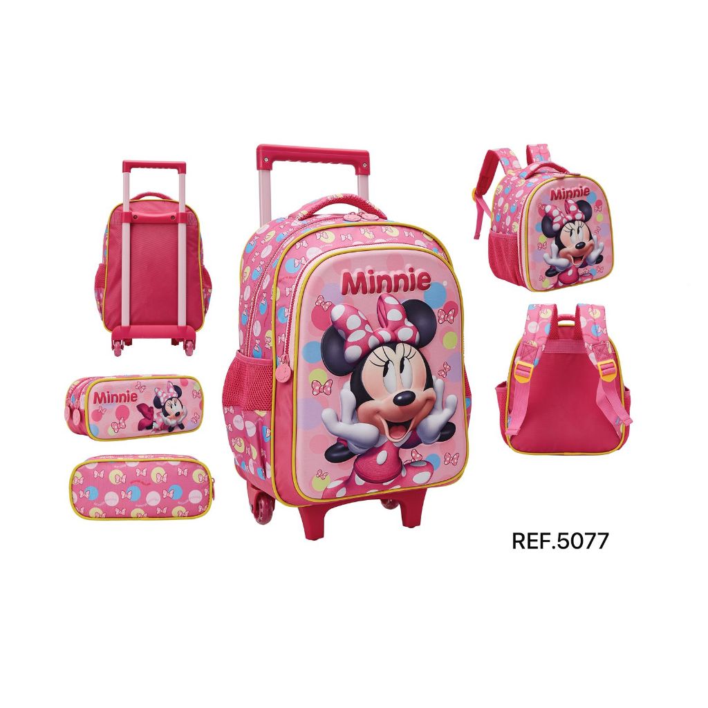 KIT MOCHILA ESCOLAR 5077 MINNIE ORIGINAL DIA A DIA ESCOLA MOCHILA CARRINHO LANCHEIRA