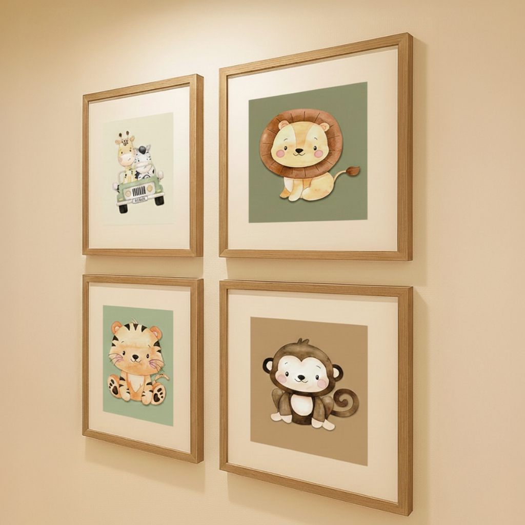 Kit 4 Quadros Decorativos 30x30 cm Com Moldura Vidro Para Quarto Menino Criança Infantil