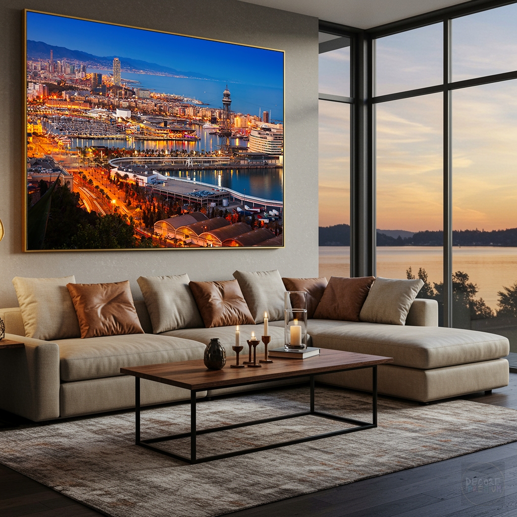 Quadro Paisagem Europa Barcelona Orla Marítima Premium Sala de Estar Porto Velho Urbano Horizontal