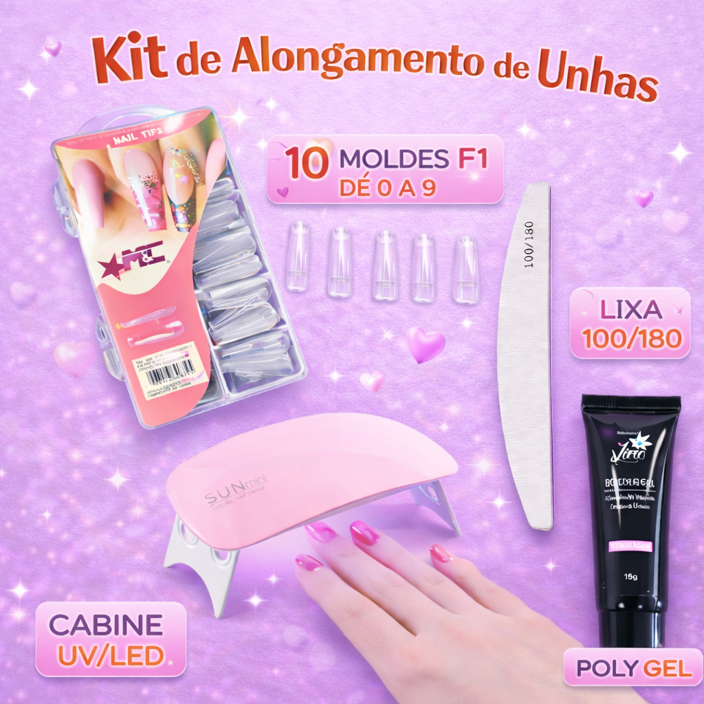 4 em 1 Kit Alongamento Poligel Polygel + Molde F1 + Lixa + Mini Cabine De Unha