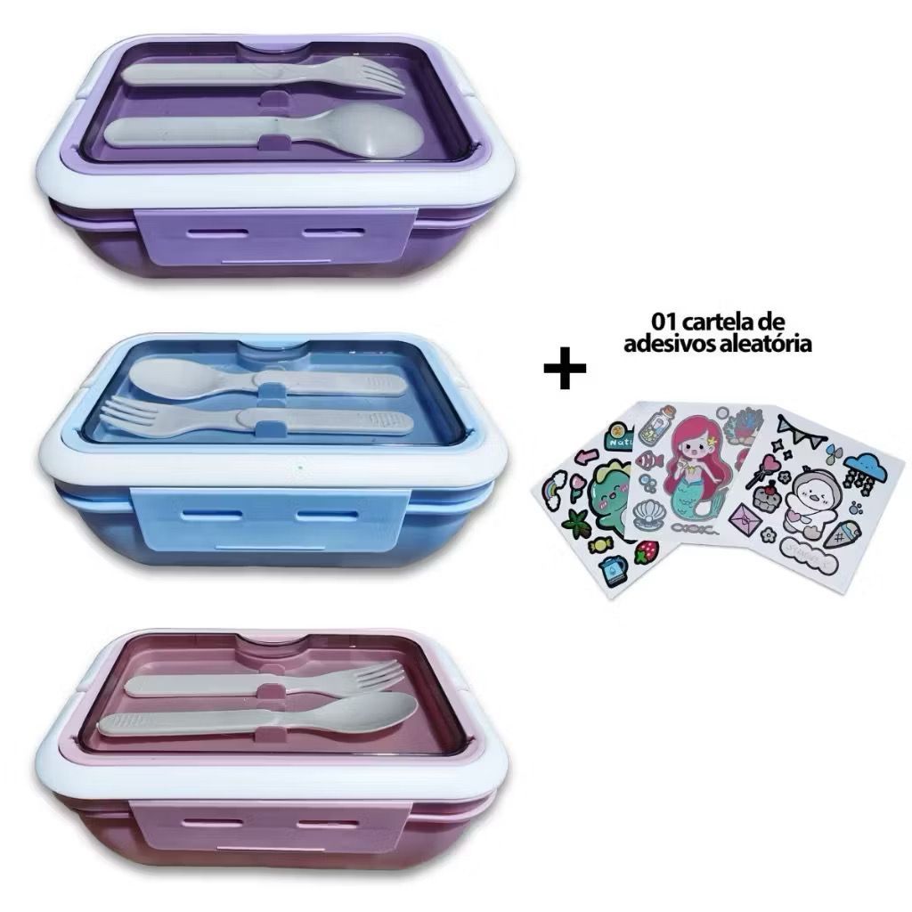 Marmita Lancheira Talher Pote Microondas Freezer Trabalho Escolar Com Cartela de Adesivos 850ML em Oferta na Shopee