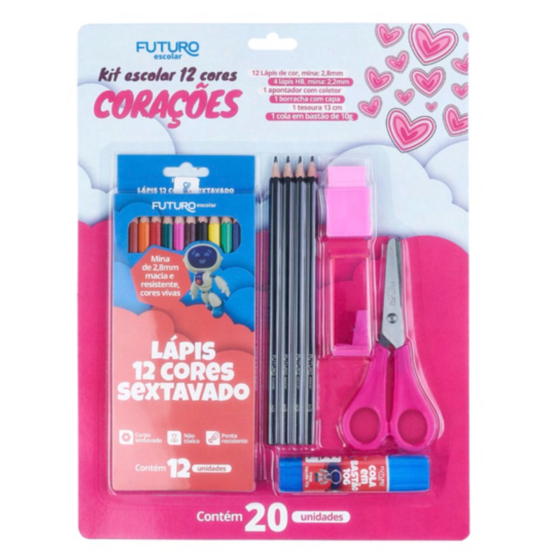KIT ESCOLAR INFANTIL ROSA CORAÇÕES OU AZUL12 CORES FUTURO ESCOLAR LÁPIS DE COR TESOURA COLA BORRACHA APONTADOR