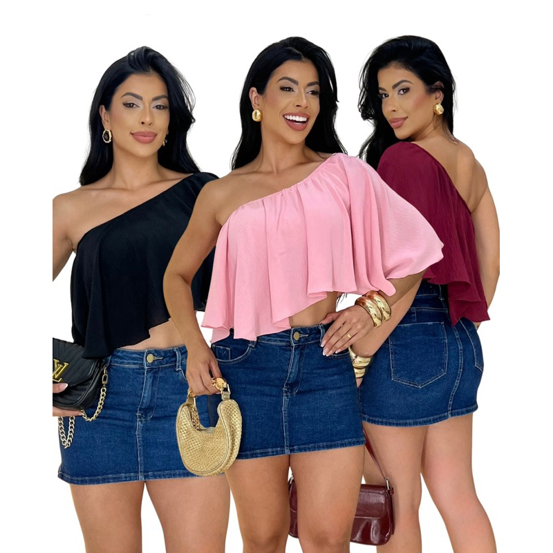 Blusa um ombro só feminina assimétrica com babado
