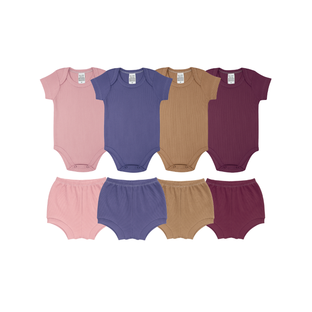 Kit 8 Peças Sortidas Femininas Infantil - 4 Conjuntos Body Canelado (BODY + SHORTS) - Premium Menina
