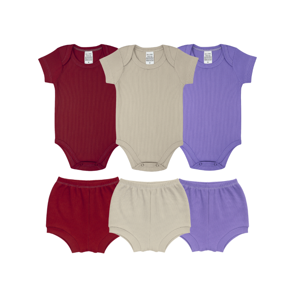 Kit 6 Peças Sortidas Femininas Infantil - 3 Conjuntos Body Canelado (BODY + SHORTS) - Premium Menina