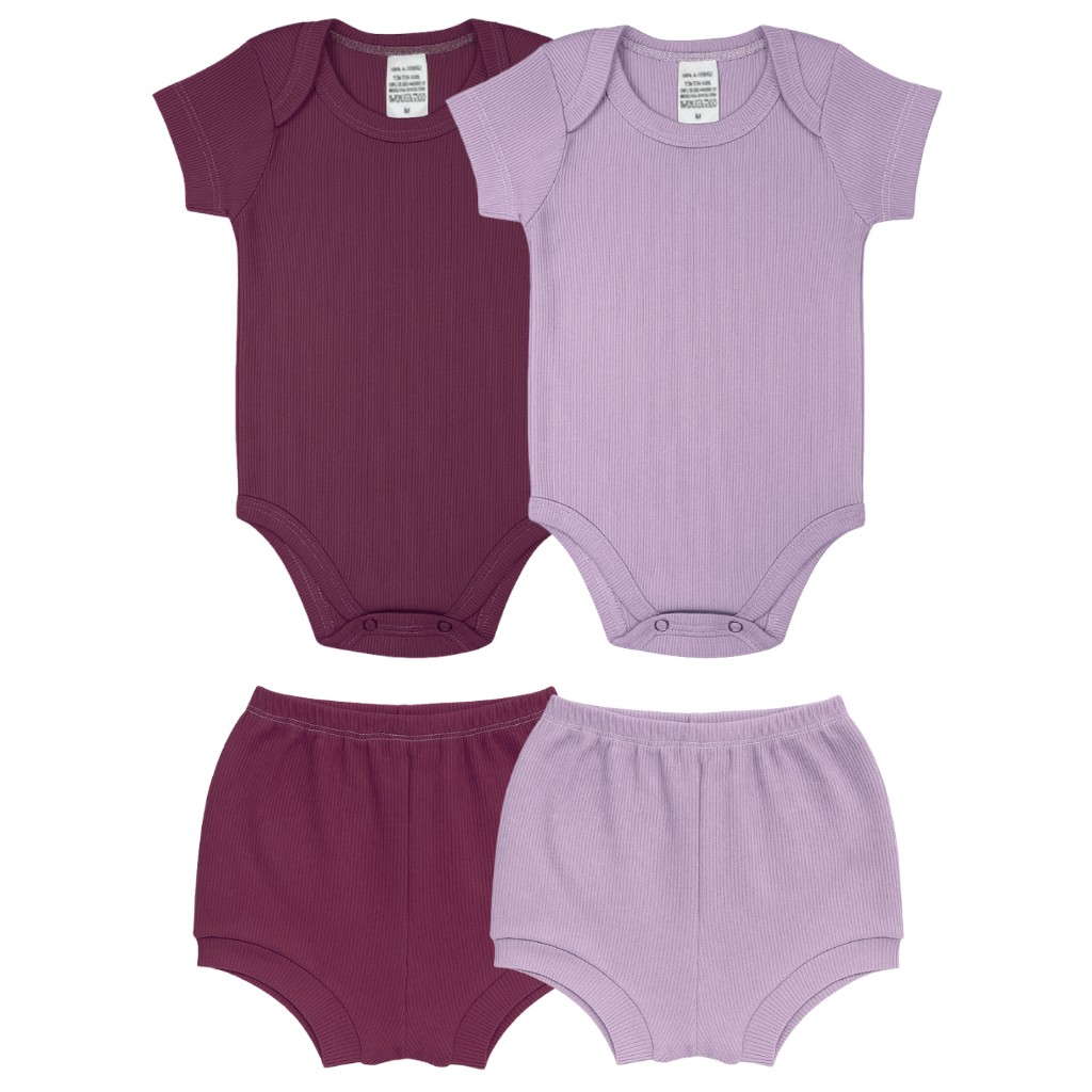 Kit 4 Peças Sortidas Femininas Infantil - 2 Conjuntos Body Canelado (BODY + SHORTS) - Premium Menina