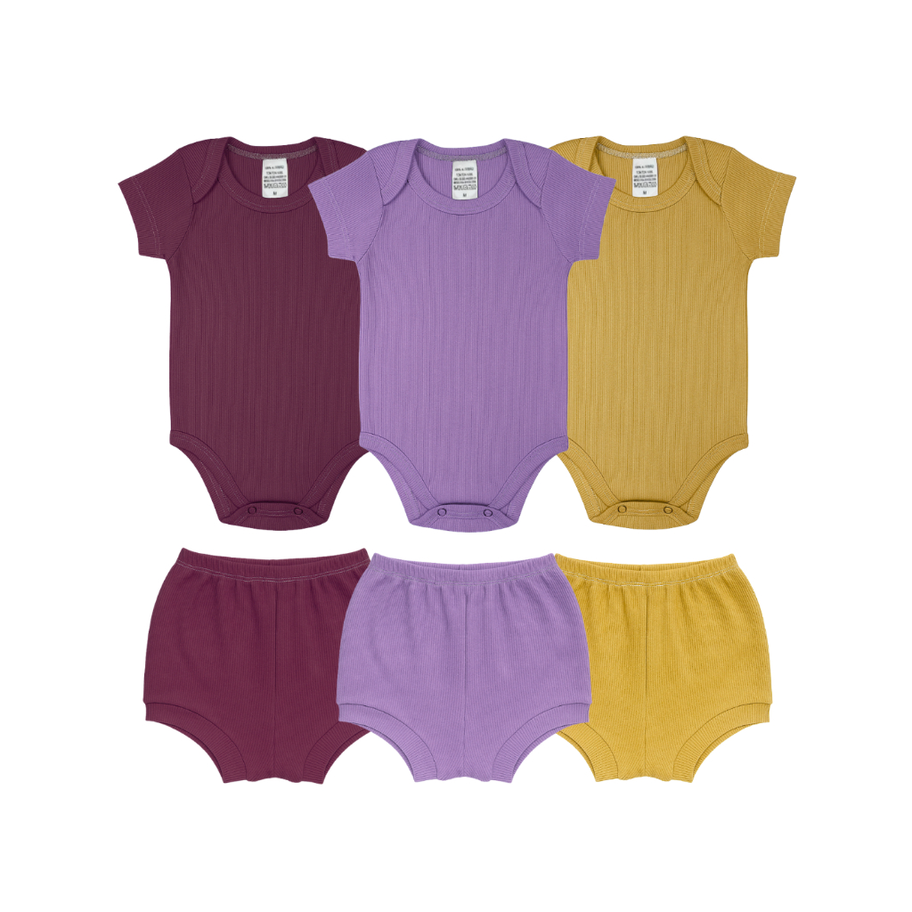 KIT 6 PEÇAS SORTIDAS FEMININAS INFANTIL - 3 CONJUNTOS BODY CANELADO (BODY + SHORTS) - PREMIUM MENINA